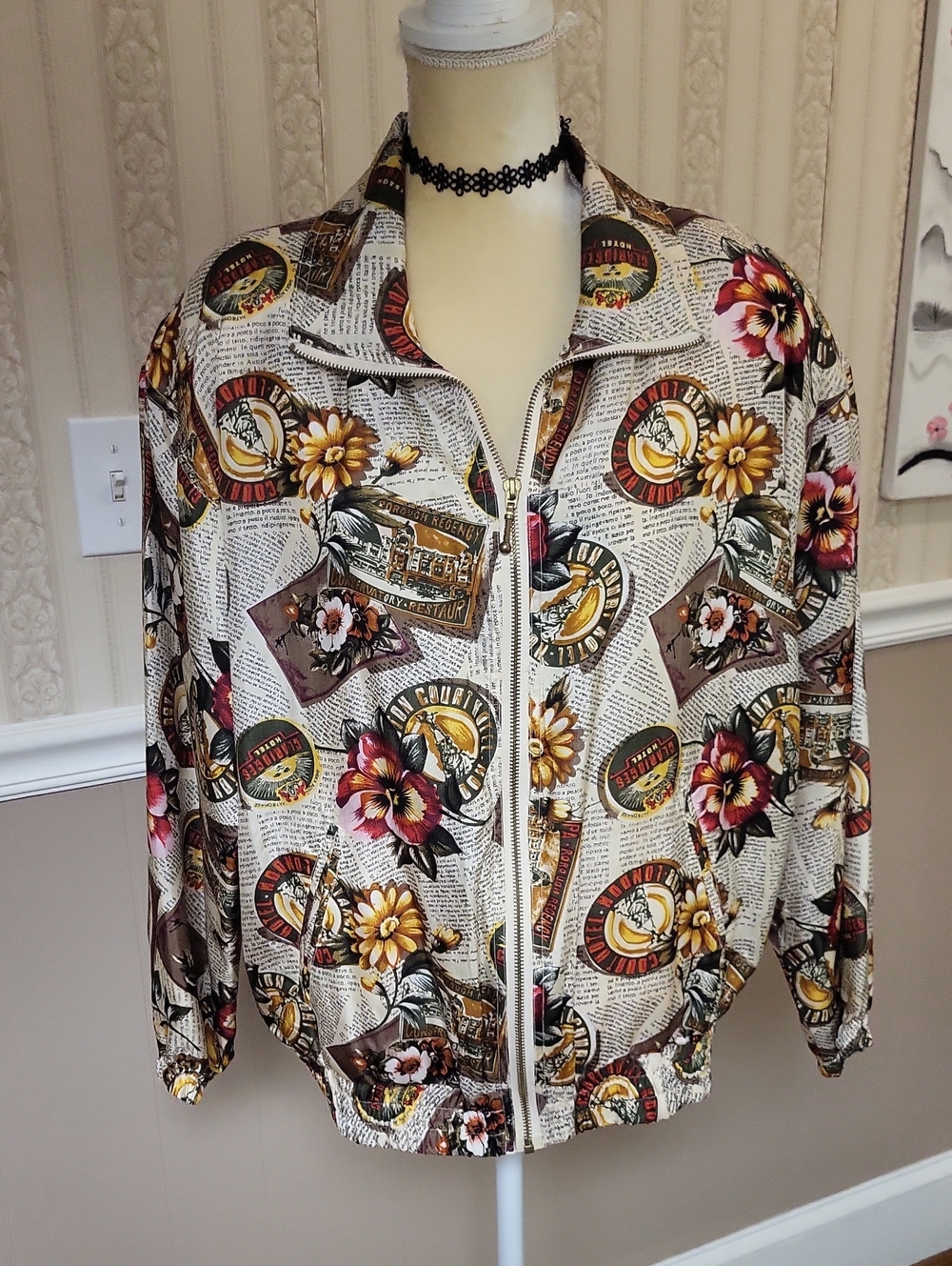 Vtg. EVP Floral Print Silk Zip-Front Women's Jacket - Beige Multicolor, M